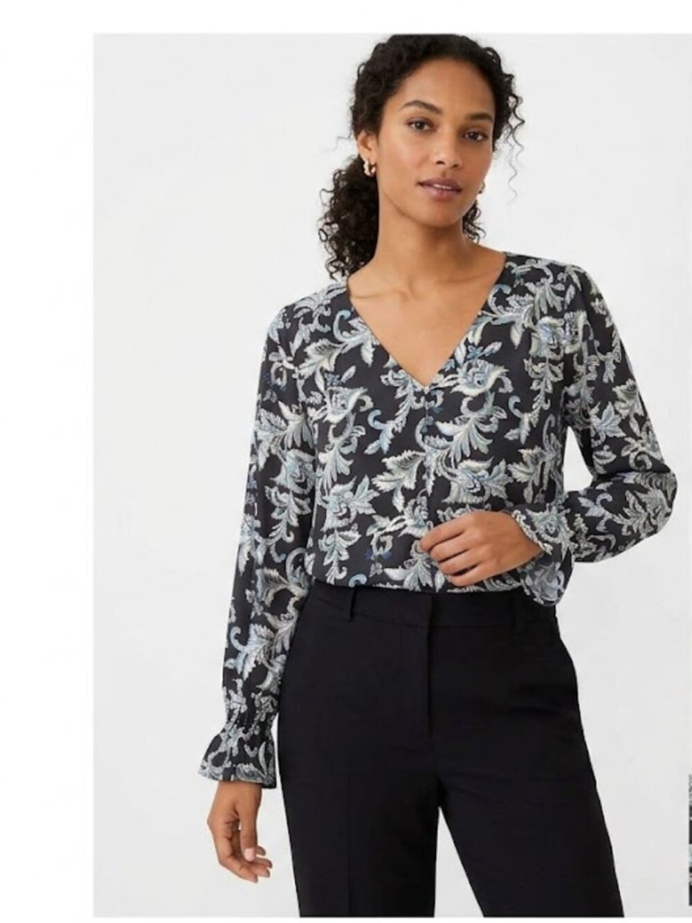 Windsor Black Floral V-Neck Long Sleeve‎ Blouse XL